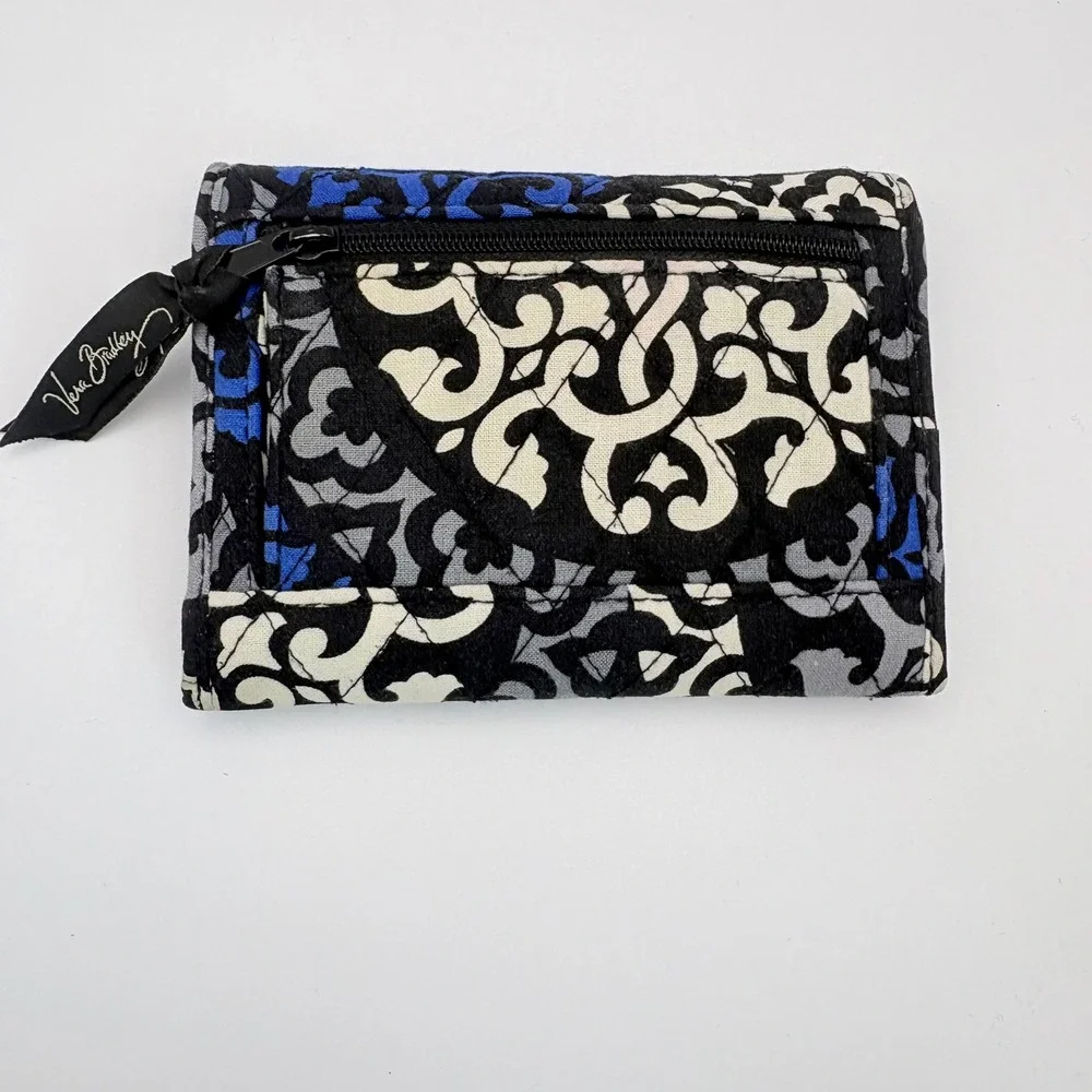 Vera Bradley Canterberry Cobalt Trifold Wallet Blue Black White Quilted - Picture 3 of 5
